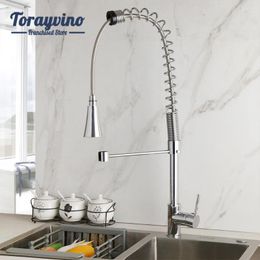 Kitchen Faucets LED Chrome Polished Faucet Deck Mounted Solid Brass Vessel Sink Mixer Tap W/ Pull Out Down Spring Spray Button