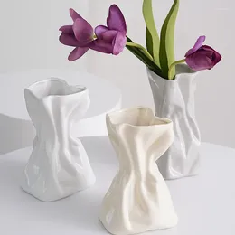 Vases Nordic Ceramic Vase Cream Colour Design Geometric Simple Wide Mouth Low Tabletop Modern Plant Bottle Flowers Pots Decoration