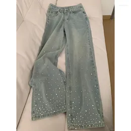 Women's Jeans Sparkling Retro Light Blue Design Drilling Female 2024 Summer High Waist Narrow Loose Wide-leg Pants