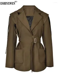 Women's Suits Eshin Brown Pocket Belted Blazer Women Big Size Lapel Long Sleeve Loose Fit Jacket Fashion Tide Spring Autumn 2024 XF1817