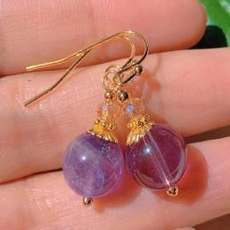 Dangle Earrings Natural Round Purple Chalcedony Eardrop Beads Gold Ear Hook Wedding Women Cuff Everyday Anniversary Stud Art Handmade Men