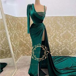 Emerald Green Long Prom Dresses One Shoulder High Slit Beading Evening Gowns Sexy Velvet Womens Birthday Robe De Soiree 2895