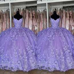 2023 Quinceanera Dresses Purple Butterfly Floral Flowers Lace Applique Spaghetti V-neck Ball Gowns Evening Formal Prom Dress Sweet 15 G 226E