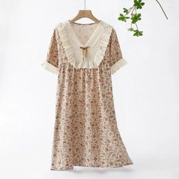 Women's Sleepwear French Vintage Rose Pyjamas Women Cotton Nightgowns Loose Short Long Sleeves Pijama Sexy Mujer Lace V-Neck Elegante