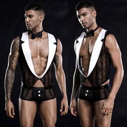 Sexy Set JSY Sexy Waiter Uniform Cosplay Lingerie Men Underwear Lace Transparent Bodysuit Top And Pants Sexy Role Play Outfit Comes T240513