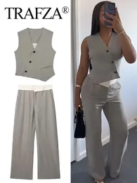 Women's Two Piece Pants TRAFZA Spring Female Trouser Set Solid Asymmetric Sleeveless Vest Top Casual High Waist Loose Woman Wide Leg Long