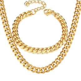 Necklace Earrings Set Gold Silver Color Stainless Steel 7mm Cuban Link Chain Bracelets For Women Men Fashion Party Hip Hop Gifts