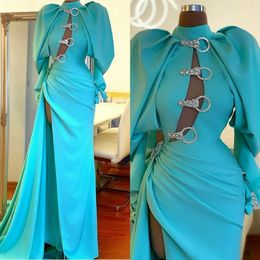 High Neck Blue Evening Dresses Long Sleeves Side Split Mermaid Prom Dress Custom Made Red Carpet Gowns 219c