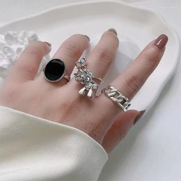 Cluster Rings Copper Cash Horse Silver For Fashion Women Black Oval Stone Retro Geometry Manual Adjustable Party Fine Jewelry Gift