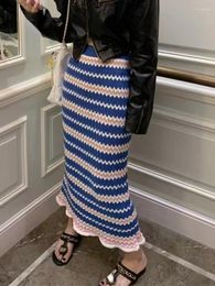 Skirts Colourful Stripe Knitted Long Skirt Autumn And Winter 2024 A-line Black Slim Fashion Elegant Warm Midi F12