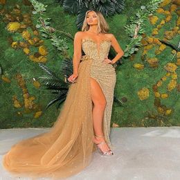 Sexy Long Sparkly Prom Dresses 2022 Sweetheart Thigh High Slit Side Gold Sequins Dubai Women Pearls Beaded Formal Evening Gowns With Tr 2740