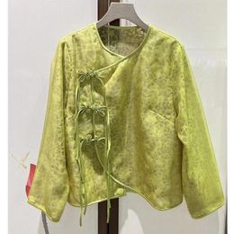 Ethnic Clothing 2024 Spring/Summer Organza O-Neck Diagonal Flap Handmade Pan Flower Button Tassel Chinese Style Long Sleeve Lady Shirt M-XL