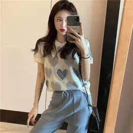 Women's Sweaters Jacquard Beaded Short-sleeved Knitted Women Summer Love Loose O-neck Pullovers Cute All-Match Leisure Jumpers