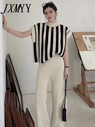 Women's Two Piece Pants JXMYY 2024 Elegant Temperament Socialite Knitted Fashion Suit Mid-Collar Striped Top Casual Wide-Leg Two-Piece Set