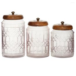 Storage Bottles DecMode 8" 9" 11"H Clear Glass Decorative Jars With Wood Lids 3-Pieces