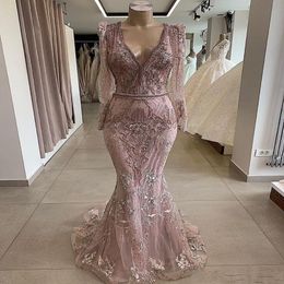 Luxury Dusty Pink Lace Appliqued Mermaid Prom Dresses Vintage Long Sleeves Sequined Beaded Evening Gown Long Formal Party Pageant Gown 279T
