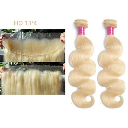 Indian 100% Human Hair 613# Colour 10-30inch Blonde 2 Bundles With HD 13X4 Lace Frontal Straight Body Wave