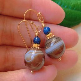 Dangle Earrings Fashion Brown Round Banded Agate Lapis Lazuli Bead Gold Clip-on Everyday Office Gemstone Drop Platinum Silver Wedding