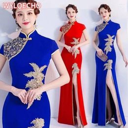 Ethnic Clothing 2024 Chinese Vintage Dress Traditional Qipao Lace Flower Sequin Cheongsam Elegant Banquet Evening Vestido