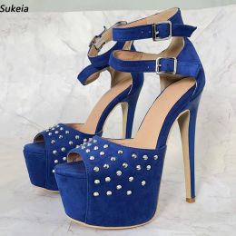 Sukeia New Women Summer Platform Sandals Sexy Rivets Stiletto Heels Peep Toe Beautiful Blue Dress Shoes Ladies Plus US Size 5-20