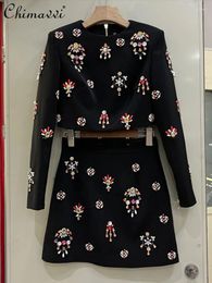 Work Dresses 2024 Spring Luxury Handmade Diamond Beaded Round Neck Long Sleeve Jacket Top High Waist Tight Mini Skirt Two Piece Sets Women