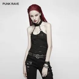 Women's Tanks PUNK RAVE Gothic Post Apocalyptic Black Chained Halter-neck Top Broken Hole Chain Knit Backless Women Vest Camis