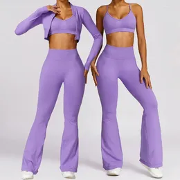 Active Sets 2 Pcs Sports Set Women Flared Pants Workout Suit Long Sleeve Shirt Quick-Drying Yoga Clothing Gym Sportswear Female