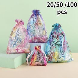 Gift Wrap 20/50/100pcs/lot Organza Bag Jewellery Packaging Drawstring Multi-size Colourful Trees Printing Party Wedding Candy