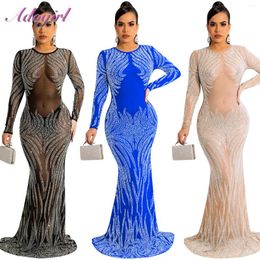 Casual Dresses Elegant Diamonds Crystal Sheer Mesh Long Sleeve Floor Length Dress Women Sexy See Through Party Club Evening Maxi