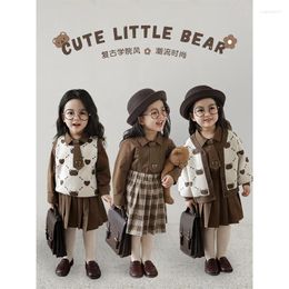 Clothing Sets Girls' Bear Shirt Skirt Set 2024 Spring Autumn Children's Cartoon Vest Coat