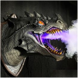 Decorative Objects Figurines Dragon Legends Prop 3D Wall Mounted Dinosaur Smoke Light Art Scpture Shape Statue Home Decor Room Hal Dhkjr