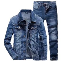 Men A Cowboy Suit Spring Slim Fitting Korean Version Casual Trend Social Youth Matching Coat Quality Denim Top Jeans 2Piece Set 240428