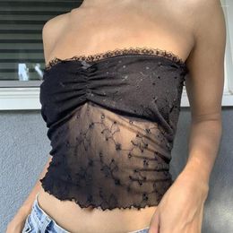 Women's Tanks Y2k 2000s Aesthetic Lace Trim Tube Top Women Flower Embroidery Strapless Sleeveless Backless Bandeau With Bow