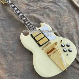 Cream White Electric Guitar Long Version Maestro Vibrola Tailpiece Harpe Logo, 3 Humbucker Pickups Little Pin Bridge Grover Tuners Gold Hardware