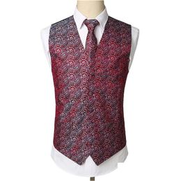 Men'S Vests Wine Red Paisley Tuxedo Vest Set Party Wedding Waistcoat Handkerchief Necktie Floral Jacquard Pocket Square Tie Suit Dro Dhrwm
