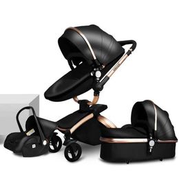 Strollers# Luxury Leather 3 in 1 Baby Stroller Two Way Suspension 2 Safety Car Seat Newborn Bassinet baby carriage pram Fold H240514