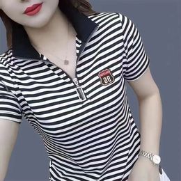 2023 Summer Womens Pullover Striped Short Sleeve Tshirt Stand Up Neck Zip Polo Collar Contrast Casual Fashion Shirt Tops 240418