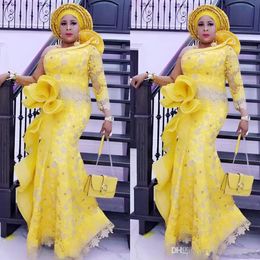 Aso Ebi Yellow Mermaid Evening Dresses With Long Sleeves Plus Size Prom Dress Ruched Formal Lace Party Gowns Custom Made Vestidos 273C