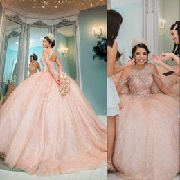 2022 Sexy Bling Rose Gold Blush Pink Sequined Lace Quinceanera Dresses High Neck Crystal Beading Off Shoulder Ball Gown Vestidos De Dre 271g