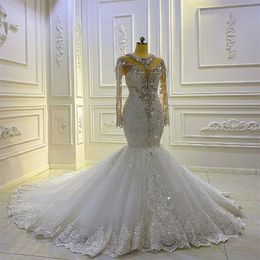 Exquisite Meerjungfrau Brautkleider O-Neck Beads Spitzen Applikationen Perlen Langarm Tüll Tüll tulle Customized Bridal Gown Vestidos de Novia