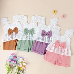 Clothing Sets Little Girls Shorts Set Ruffles Flutter Sleeve Hollow Eyelet Embroidery Camisole Tops Elastic Waistband Outfits