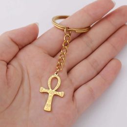 Keychains Lanyards Jeshayuan Ancient Egyptian Ankh Cross Keychain For Men Stainless Steel Gold Color/ Silver Color Biker Pendant Amulet Jewelry Y240510