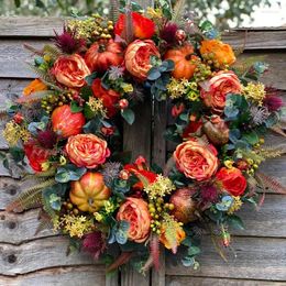 Decorative Flowers Fall Peony And Pumpkin Wreath For Front Door Home Farmhouse Decoration Festival Celebration Christmas Thanksgiving Decor