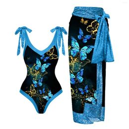 Women's Swimwear Women Vintage One Piece Swimsuit With Long Skirt Cover Up Colorblock Abstract Floral Print Two Brazilian Bathing Suit