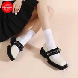 Casual Shoes Mary Jane Women Genuine Leather Beaded 2024 Spring Summer British Style Loafers LadiesThick Heel Platform Girl
