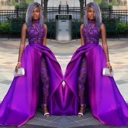 Classic Jumpsuits Prom Dresses With Detachable Train High Neck Lace Appliqued Bead Evening Gowns Luxury African Party Women Pant Suits 265K