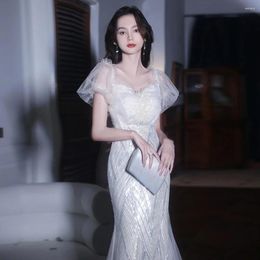 Party Dresses Luxury Glitter Mermaid Dress Women Banquet Evening French Style White Sequin Slim Fishtail Wedding Ball Gown