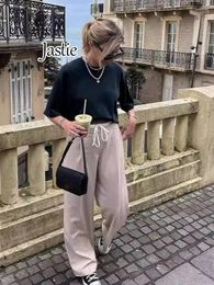 Women's Pants Jastie 2024 Fashion Street Loose Suit Double Waist Pocket Wide Leg Chic High Casual Trousers