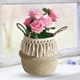 Laundry Bags Woven Seagrass Belly Basket Ecoration Picnic Plant Basin Cover Long Tassel Macrame Groceries And Toy Storage Etc