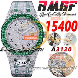 AMG 15400 A3120 Automatic Mens Watch Green Big Diamond Bezel Paved Diamonds Dial Arabic Markers Two Tone Bracelet Super Edition Trustytime001 Iced Out Full Watches